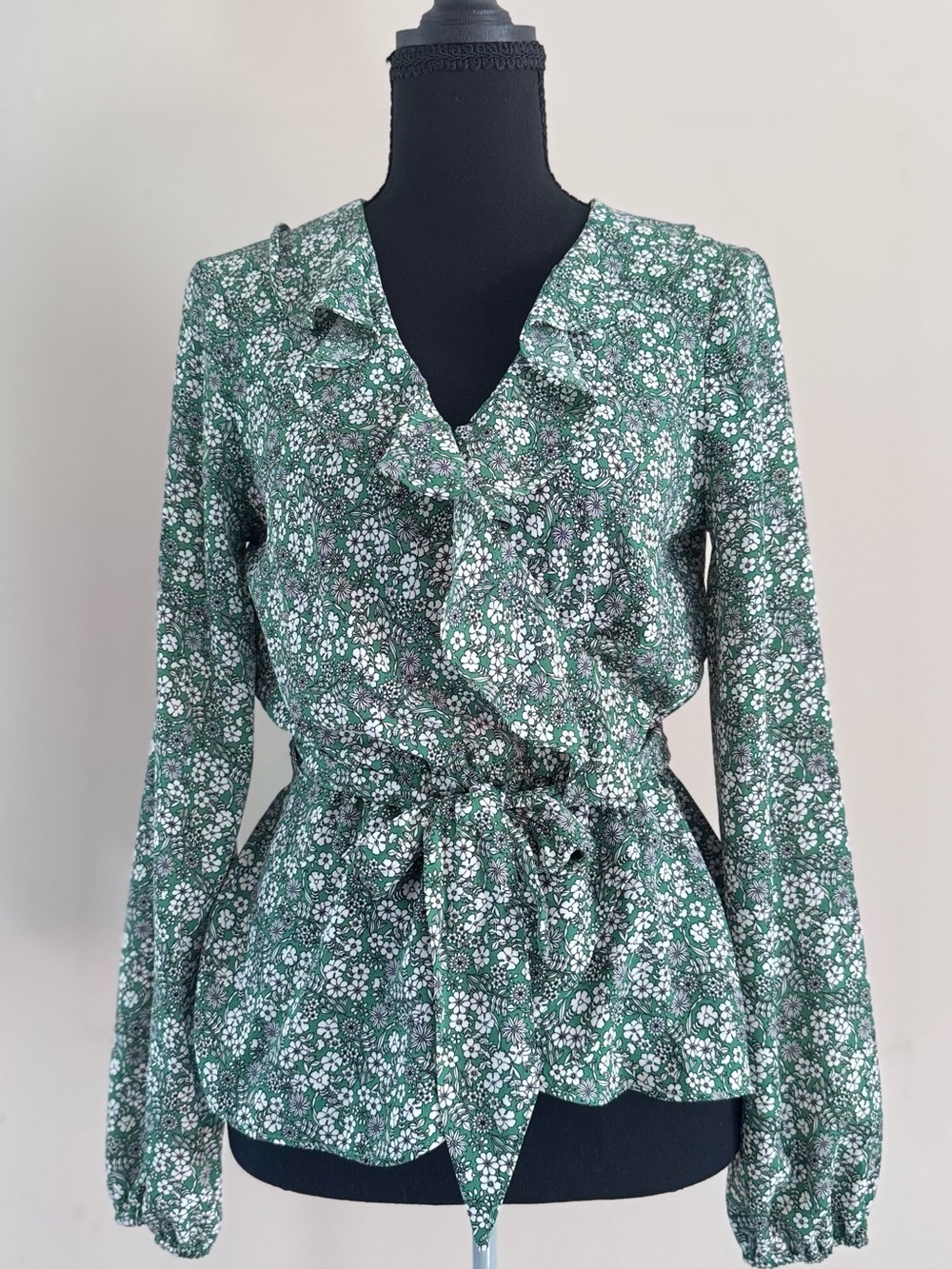 Max Studio Green Floral Ruffle Wrap Long Sleeve Blouse